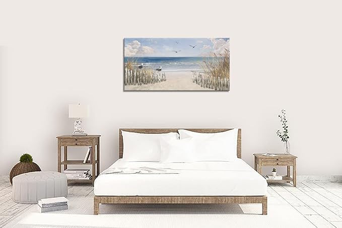 XXMWallArt FC3750 Sandy Beach Wall Art Canvas Print Wall Art Seascape Blue Print Painting Abstract Coastal Picture Modern Ocean Artwork for Living Room Bedroom Bathroom Office Wall Decor