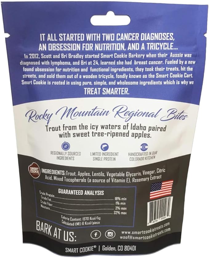 Smart Cookie All Natural Soft Dog Treats - Trout & Apple - Healthy Dog Treats for Allergies, Sensitive Stomachs - Chewy, Grain Free, Human-Grade, Made in The USA - 5oz Bag