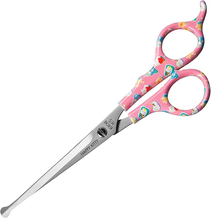 Kenchii Happy Kitty Ball Tip Shears Trimming Scissors for Cats | Pet Grooming Kitten Essentials | Stainless Steel Safety Blunt Tip Scissors | 6.5 In