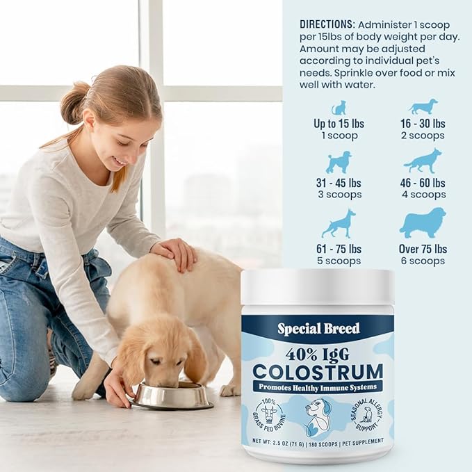 40% IgG Grass Fed Colostrum for Dogs, High IgG Third Party Tested, Immune Support, Skin & Gut Health, Seasonal Allergy & Itch Relief, Made in USA, 2.5 Oz
