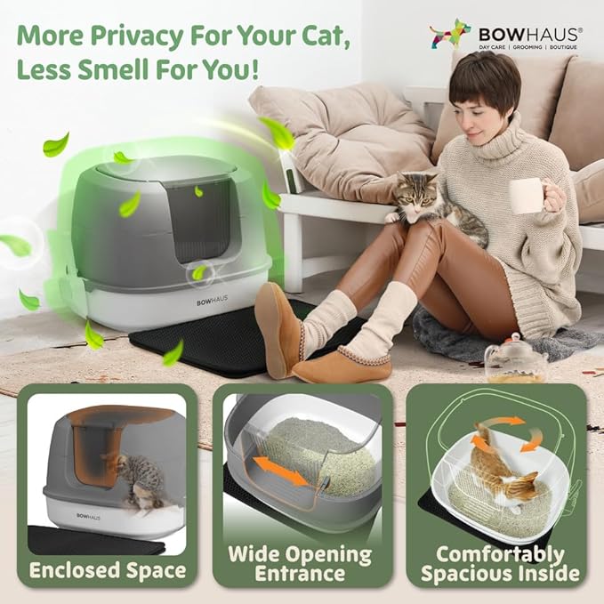 Detachable Cat Litter Box with Lid, 3-in-1 Cat Toilet of Cats, Large Space Anti-Leakage Gato Litter Box with Scoop, Mat & Odor Fitter, Beige/Pink