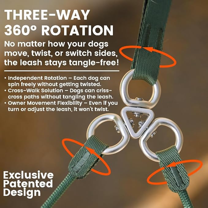 Howgo Double Slip Leash Slip Lead with Two Handles| Dual Dog Slip Lead for 2 Dogs,360° Swivel No Tangle | Dog Training Collar | Double Clip Leash Coupler and Splitter (Orange, 6FT)