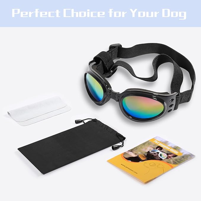 QUMY Dog Sunglasses Dog Goggles for Medium Large Breed Dogs, Wind Dust Fog Protection Eye Wear Pet Glasses with Adjustable Strap for Motorcycle Car Driving Bike Riding Hiking Swimming Over 15lbs Black