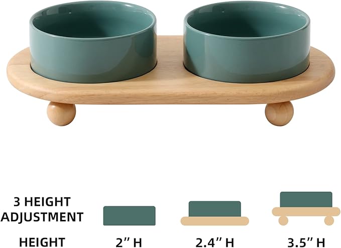 Ceramic Elevated Cat Food and Water Bowl, Kitty Bowl, Raised Cat Dish, Pet Feeder (5.1 in, 2 x Dark Green + Stand)