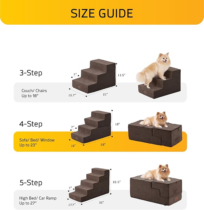 Dog Stairs for High Bed, Dog Steps for Bed Couch Sofa, 35D Foam Extra Wide Pet Steps for Small Dogs and Cats, Pet Stairs with Non-Slip Bottom Brown, 4 Steps
