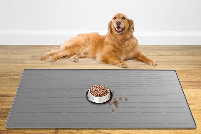 48" x 32" XXXL Largest Pet Food Mat, Silicone Dog Mats for Food and Water, Nonslip Pet Feeding Mats for Floors,Dog Cat Bowl Mat with Raised Edges, Light Gray