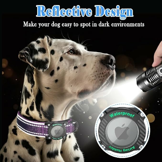 Upgraded AirTag Dog Collar, IP68 Waterproof Dog Collar with Apple Air Tag Holder, Reflective Adjustable Heavy Duty Dog Collars with Soft Padded for Small, Medium and Large Dogs,Purple, XL