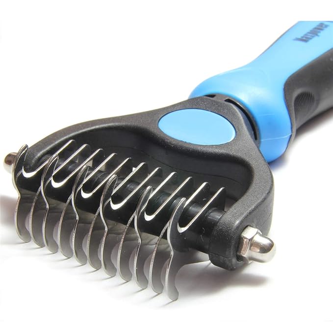 Maxpower Planet Pet Grooming Brush - Double Sided Dematting Undercoat Rake for Dogs and Cats, Extra Wide Pet Brush to Reduce Shedding by 95% (Blue, S)