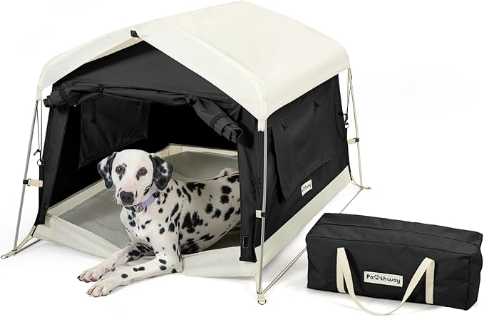 Dog Tent Cotton Fabric, Aluminum Poles and Camping Mat, Outdoor Weatherproof, Dog House Outdoor, Breathable with 2 Side Windows, Portable and Collapsible (Black, Large)