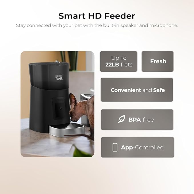 Smart HD Cat Feeder, 2 Way Audio + Voice Recording, Automatic Feeder for Dog with 1080p Night Vision Camera, WiFi App Controlled, Battery Backup, Anti Jam 6L Upto 15 Daily Meals, Black Stainless