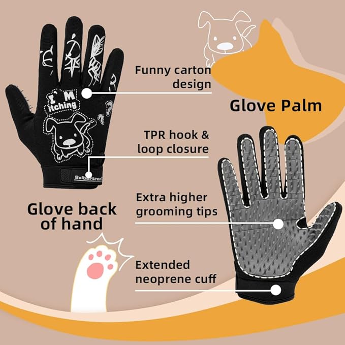 Seibertron Patented P.G.M.G-1 Pet Hair Remover/Deshedding Grooming Gloves Seven Sizes Fit All Works for Dogs, Horses, Cats and Other Animals Short Fur(1-Pair) Adult Black XXL