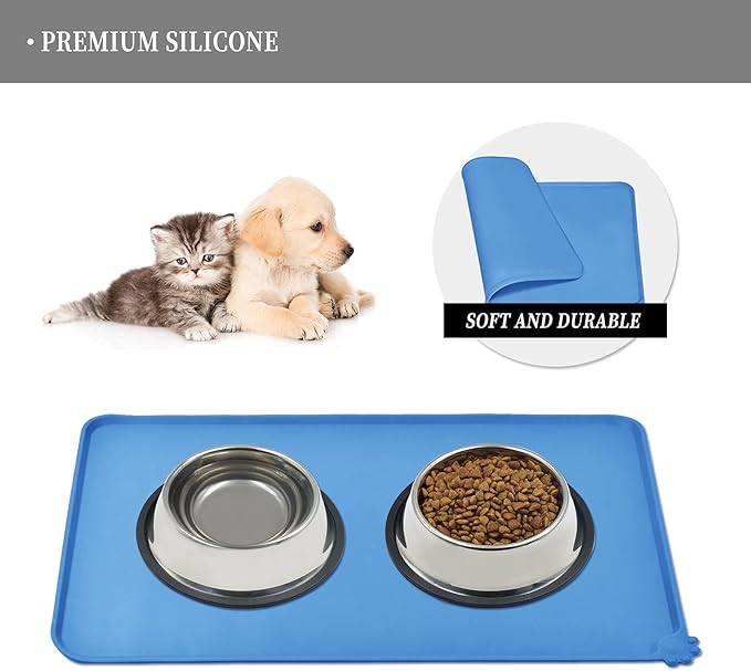 Waterproof Pet Feeding Mat with High Raised Edges, Heavier and Thicker Placemats for Cat Dog Water Bowl with BPA Free, Dogs Cats Food Mats for Messy Drinkers to Prevent Spill and Protect Floors