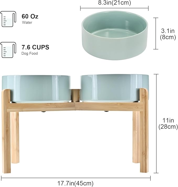 SPUNKYJUNKY Elevated Dog Bowls Ceramic, 8.3'' Dogs Food Water Bowls Raised with Non-Slip Bamboo Stand for Large Sized Breed Microwave Dishwasher Safe - 60 OZ,Light Green