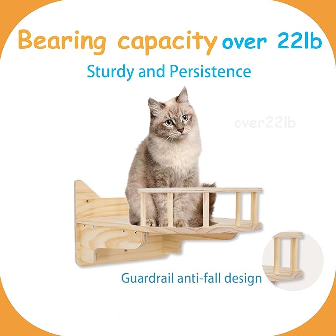 9-Piece Wall-Mounted Cat Shelves Set, House, Lookout Tower, 2 Sisal Scratching Posts, 5-Step Cat Wall Ladder, Pine Furniture, Extra-Wide & Long for Large Cats, Space-Saving Indoor Shelves