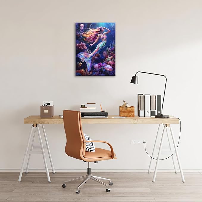 Sea Mermaid Bathroom Pictures Wall Art, Ocean Mermaid Bathroom Wall Decor, Aesthetics Framed Painting Canvas Artwork for Bedroom Living Room Decorations 16"L x 12"W