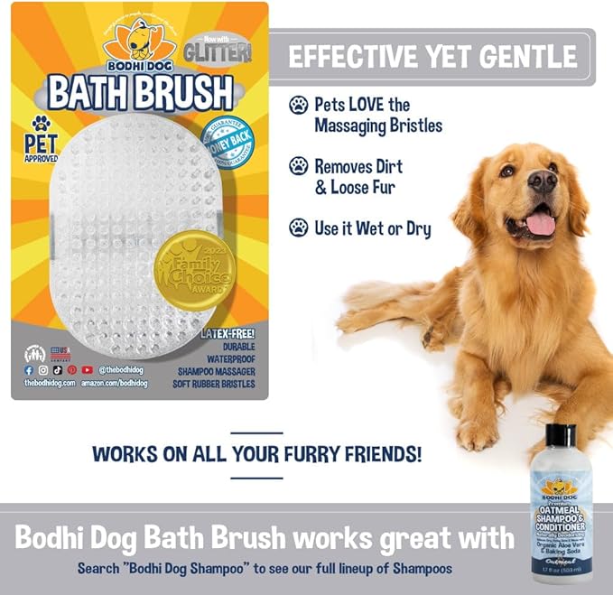 Bodhi Dog Shampoo Brush - Pet Grooming & Bath Supplies for Dogs and Cats - Bath Brush for Long & Short Hair - Premium Scrubber for Shower, Bathing & Massage (One Pack, Silver Glitter)