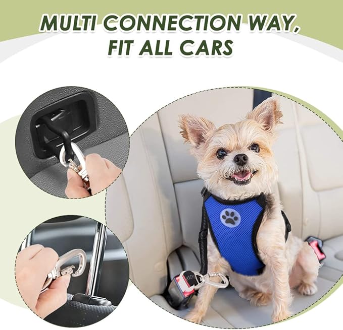 SlowTon Dog Seat Belt Harness for Car, Dog Car Harness Adjustable Mesh Breathable & Dog Seatbelt Safety Tether with Elastic Bungee for Small Medium Large Pets(Blue, Double Clip, XS)