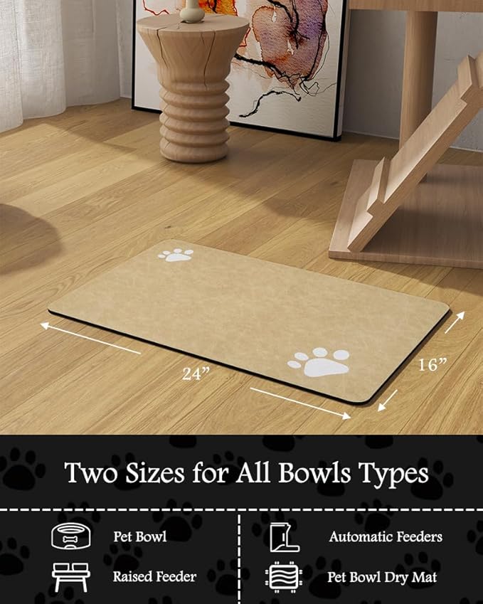 Pet Feeding Mat-Absorbent Dog Mat for Food and Water Bowl-No Stains Quick Dry Water Dispenser Mat-Dog Accessories Pet Supplies-Bowl for Messy Drinkers（Beige,16"x24"
