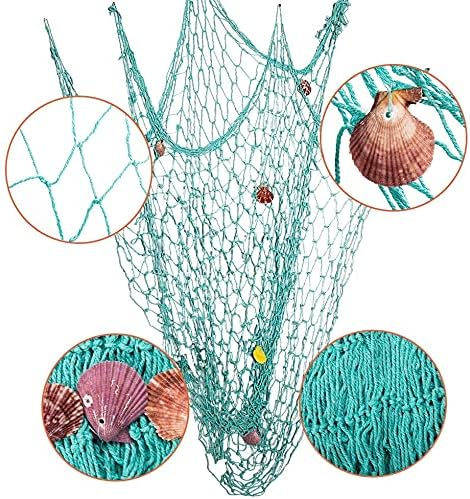 Nature Fish Net Wall Decoration with Shells, Ocean Themed Wall Hangings Fishing Net Party Decor for Pirate Party,Wedding,Photographing Decoration (2pack-Beige/Aqua)