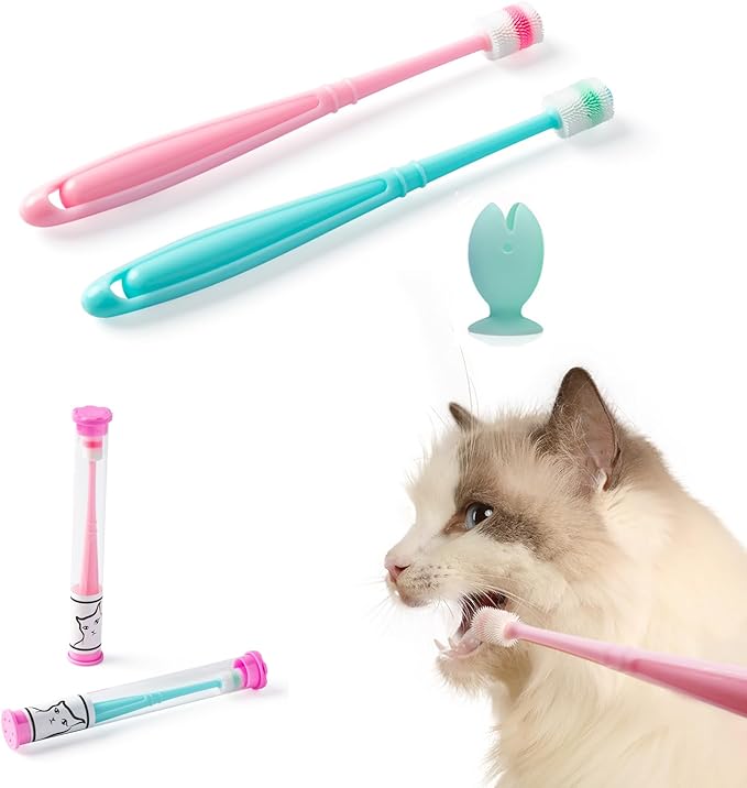 E.M&S.T by Emmeliestella Small Dog & Cat Toothbrush 360 Degree Soft Silicone, Cat Dental Care, Toothbrush Holder, Easy to Handle, Independent Packaging, Extra Suction Cup, Light Blue&Light Pink 3PCS
