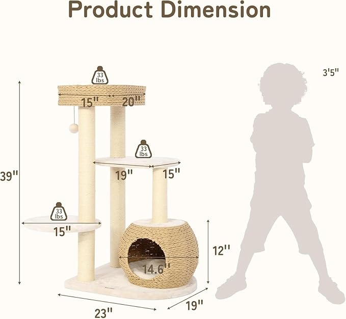KAMABOKO Modern Cat Tree, 39" Tall Cat Trees for Kittens Climb Play & Rest, Cat-Tree for Indoor Cats w/Natural Sisal Scratching Posts, Hand-Woven Condo & Top Perch
