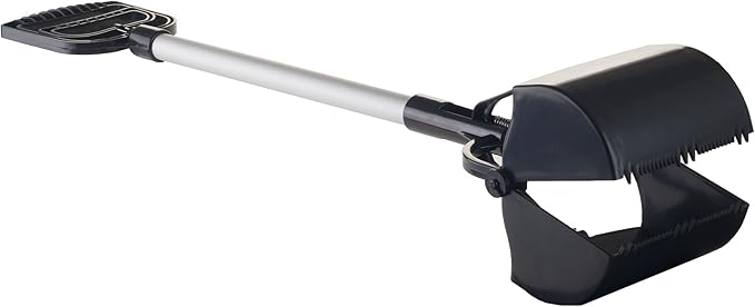 Pet Pooper Scooper - Plastic and Aluminum Cat and Dog Poop Grabber with Long Handle - Enables One-Handed Use on Concrete and Grass by PETMAKER (Black)
