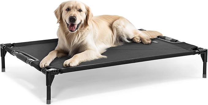 Petsfit Cooling Elevated Raised Dog Bed- Outdoor Pet Cot for Large Dogs, Upgraded Adjustable Firmness Pet Bed，Dog Hammock Bed with Durable Breathable Teslin Mesh，Non Slip, Black 48”