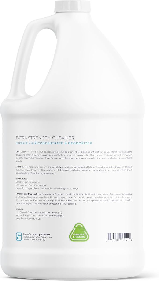 BRIOTECH Extra Strength HOCl Cleaner, 500 PPM Hypochlorous Acid Concentrate, ULV Foggers & Humidifiers, Professional Deodorizer for Dental, Offices, Schools, Homes, Peroxide Free, 1 Gallon