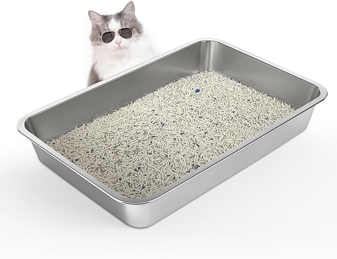 Stainless Steel Cat Litter Box, 4in Shallow Litter Box for Senior Cats and Kittens, Extra Large Metal Litter Pan Nonstick Odor Control Anti-Corrosion