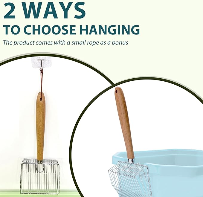 Cat Litter Scoop, Kitty Metal Scooper with Hook and Long Hole, Stainless Steel Kitten Poop Lifter for Litter Box, Non Stick, Durable and Heavy Duty Sifter for Easy Clean