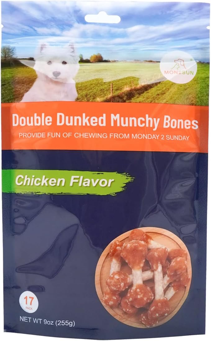 MON2SUN Dog Treats, 9oz Mini Rawhide Chews, Chicken Dumbbells with Rice for Small Dogs & Toy Breed, Crunchy and Healthy (2.5 Inch 17 Count)
