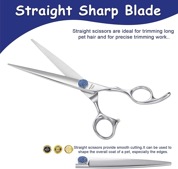 7.5'' Dog Grooming Scissors CNC 440C Blades Sharp and Durable Polished Straight Dog Shears with Blue Diamond Adustable Screws Easy to Use for Groomer and Home User