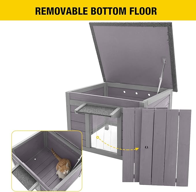 Aivituvin Cat House Waterproof Feral Kitty Shelter Outdoor Indoor Rabbit Hutch for Bunnies,Cats,Dogs and Other Small Animals,Asphalt Roof
