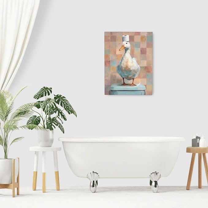 Funny Duck Bathroom Wall Art Cute Duck on Toilet Canvas Wall Decor Funny Quirky Farm Animal Pictures Painting Print Framed Artwork Decorations Gifts for Bathroom 12"x16"