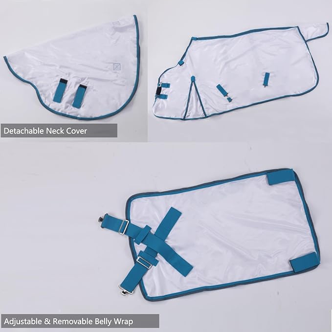 Horse Fly Sheet with Detachable Neck Cover & Belly Wrap, Adjustable Fly Sheet for Horses, Ventilated Airflow Mesh Equine Cooling Summer Flysheet White 72