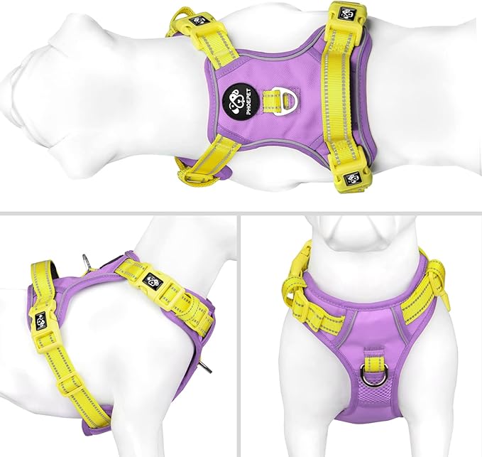 PHOEPET No Pull Dog Harness, Unique Colors Reflective Adjustable Dog Vest, with Soft Training Handle Metal Clips for Small Medium Large Dogs (Baby Purple Base & Yellow Straps,S)