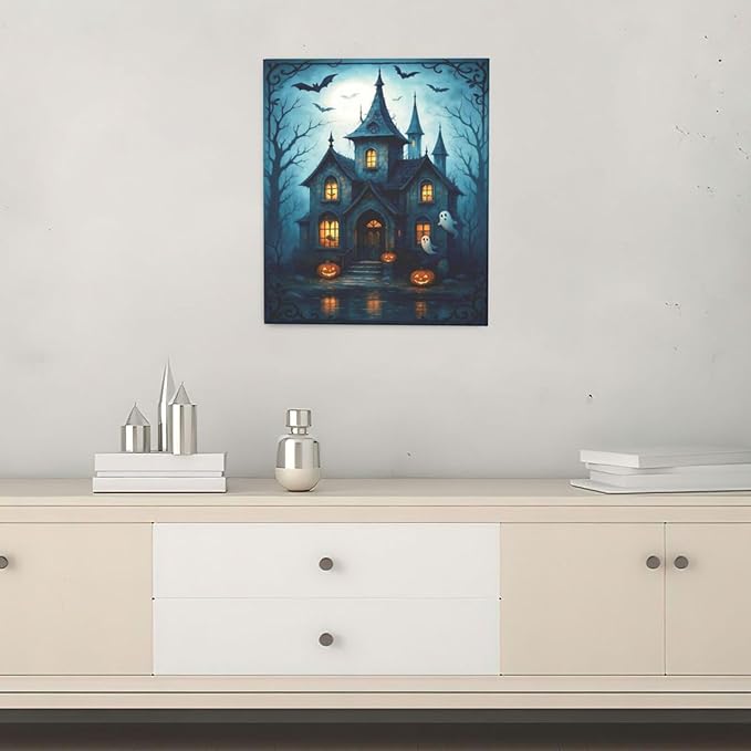 Halloween Gothic Wall Art Castle Pumpkin Ghost Bat Canvas Wall Decor Dark Academia Pictures Painting Print Framed Artwork Decorations Gifts for Halloween Living Room Bedroom Office 20"x24"