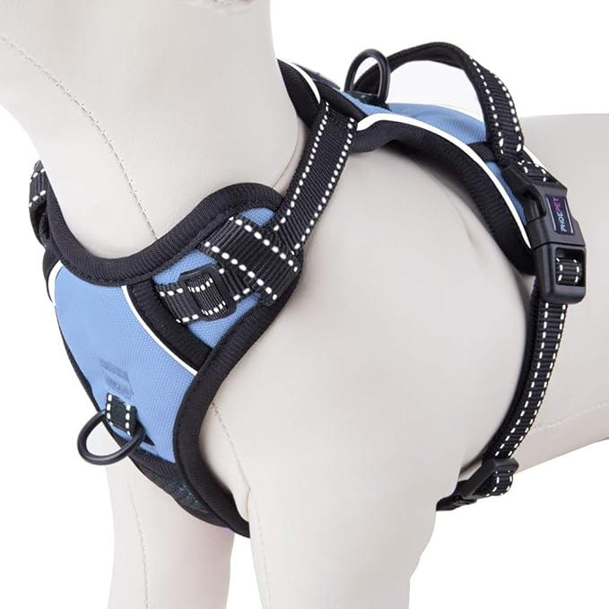 PHOEPET No Pull Dog Harness Reflective Adjustable with 2 Metal Leash Hooks and Soft Training Handle [Over The Head Design](L, Baby Blue)