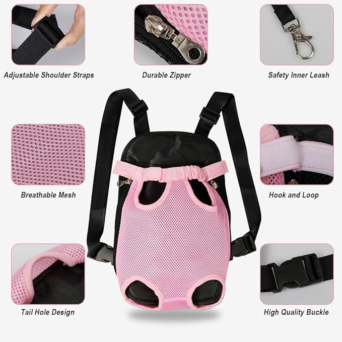 FEimaX Dog Carrier Backpack Pet Legs Out Front Cat Travel Bag, Adjustable Puppy Backpacks Carriers Hands-Free for Small Medium Dogs Cats Hiking Traveling Camping Daily Walking (Small, Pink)