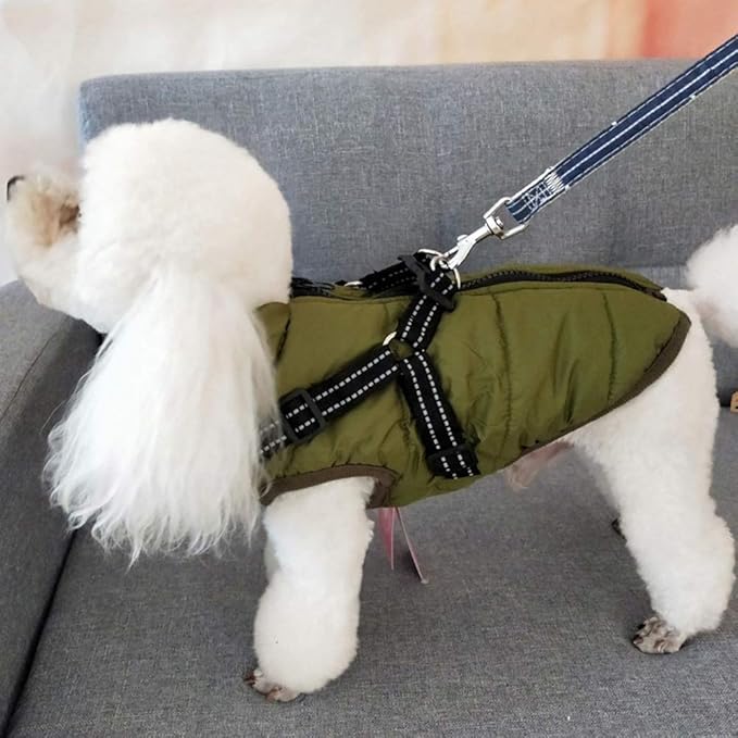 HDKUW Small Dog Jacket, Small Dog Coat Harness Winter Warm Vest Jacket Waterproof Cotton Costume for Puppy Small Dogs (M, Green)