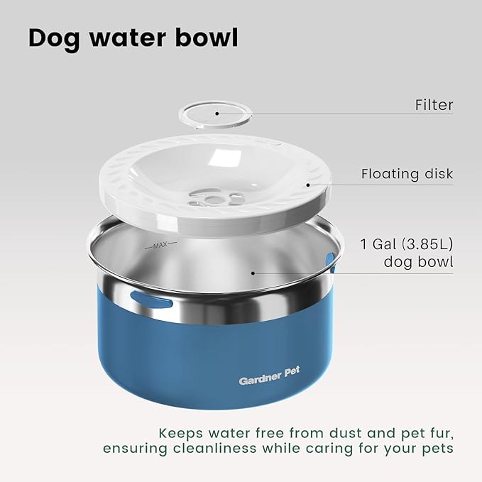 Gardner Pet Dog Bowls 1 Gallon (3.85L) Stainless Steel No Spill Dog Water Bowl, Slow Water Feeder Metal Bowls, Spill Proof Water Dispenser for Large Dogs, Promotes Healthy Hydration