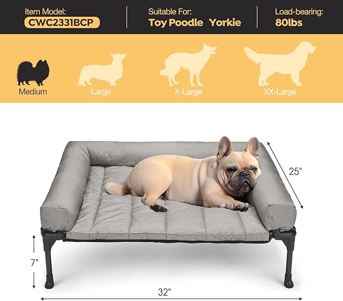 Veehoo Cooling Elevated Dog Bed Add Removable Waterproof Bolster Cushion Mat, Raised Pet Cot with Breathable Teslin Mesh, No-Slip Feet, Dog Couch Bed for Indoor Outdoor, 32x25inches, Grey, CWC2331B