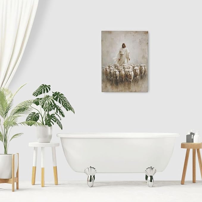 Jesus and Lamb Wall Art Christian Jesus Lamb Canvas Wall Decor Christ Religious Pictures painting Print Framed Artwork Decorations Gifts for Living Room Bedroom Prayer Room Church 12"x16"