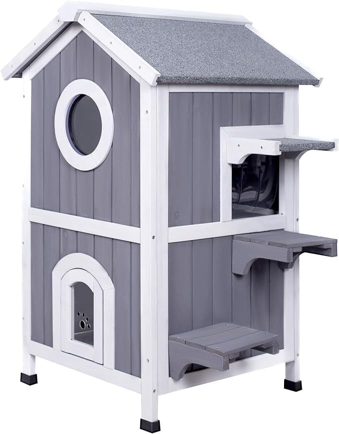 GEGURI Outdoor Cat House Weatherproof, Wooden Two-Story Feral Cat Shelter with Openable Roof, Escape Door, Balcony
