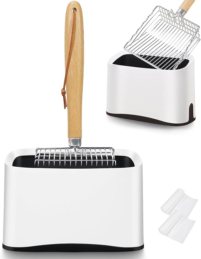 Metal Cat Litter Scoop with Holder, Poop Scooper with Stand and 2 Rolls of Garbage Bags, Heavy Duty Stainless Steel Shovel with Wooden, Quick Sifter for Easy Cleaning (Long handle-9.8" with Holder)