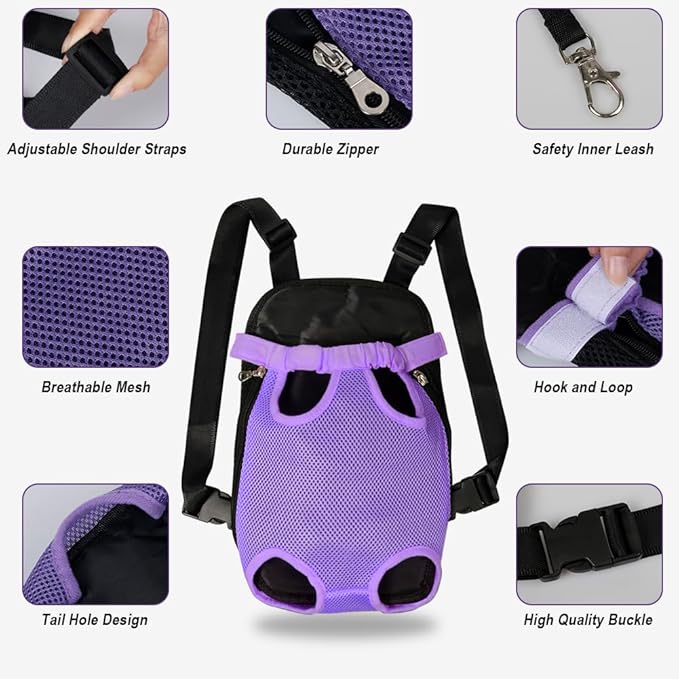 FEimaX Dog Carrier Backpack Pet Legs Out Front Cat Travel Bag, Adjustable Puppy Backpacks Carriers Hands-Free for Small Medium Dogs Cats Hiking Traveling Camping Daily Walking (Large, Purple)