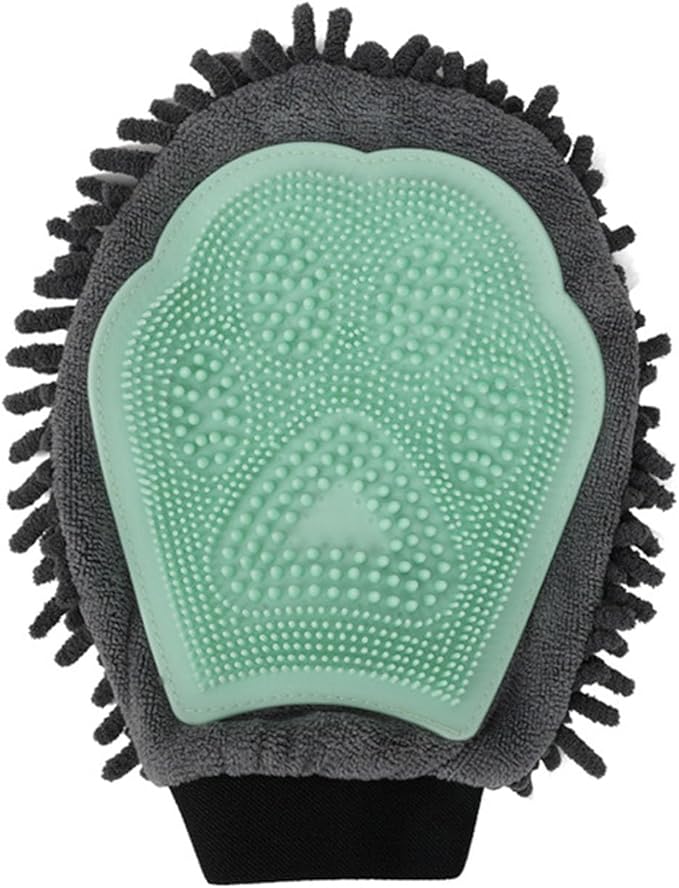 Dual Sided Pet Grooming Glove with Rubber Paw - 2-in-1 Grooming Glove | Fun Dogs & Cats Grooming Tool for Brushing, Massaging, and Scrubbing | Chenille Fabric Side Acts as Pet Bathing(Green)