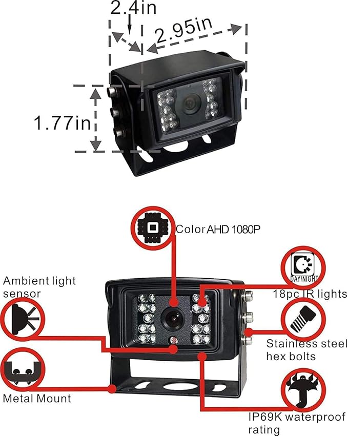 AHD 1080P 7" Reverse Rear View Backup Camera System, Camera with Night Vision Waterproof IP69K Vibration-Proof 10G for Tractor/Truck/Bus/Motorhome/Excavator/Caravan/Skid Steer/Harvester