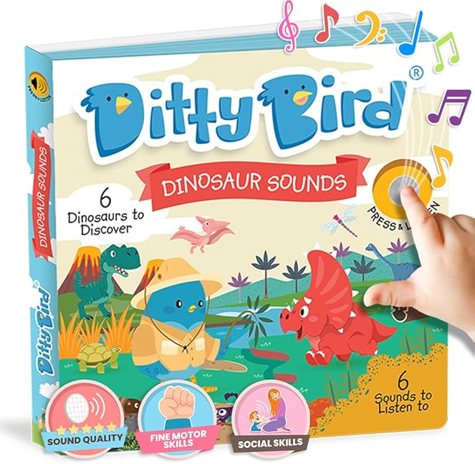 Ditty Bird Dinosaur Book for Toddlers | Realistic Dino Sound Book | Interactive T-Rex Board Books for Toddlers 1-3 | Sensory, Musical Books for Dino Lovers | Sturdy Nursery Rhyme Toys for Baby