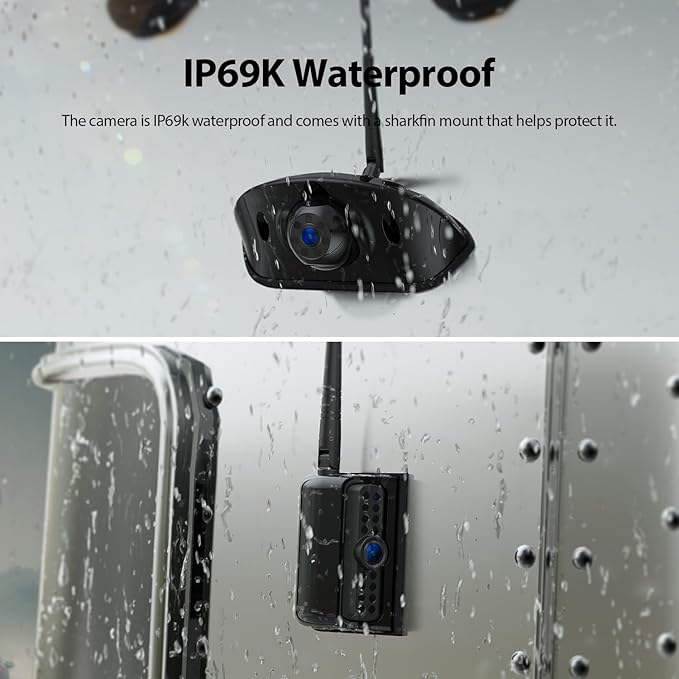 3-Camera Wireless RV Backup Camera System with 7-Inch Monitor, 1 Rear Sharkfin, 2 Side Cameras, DVR Monitor & IR Night Vision, IP69K Waterproof, Compatible with Furrion Pre-Wired RV Trailer